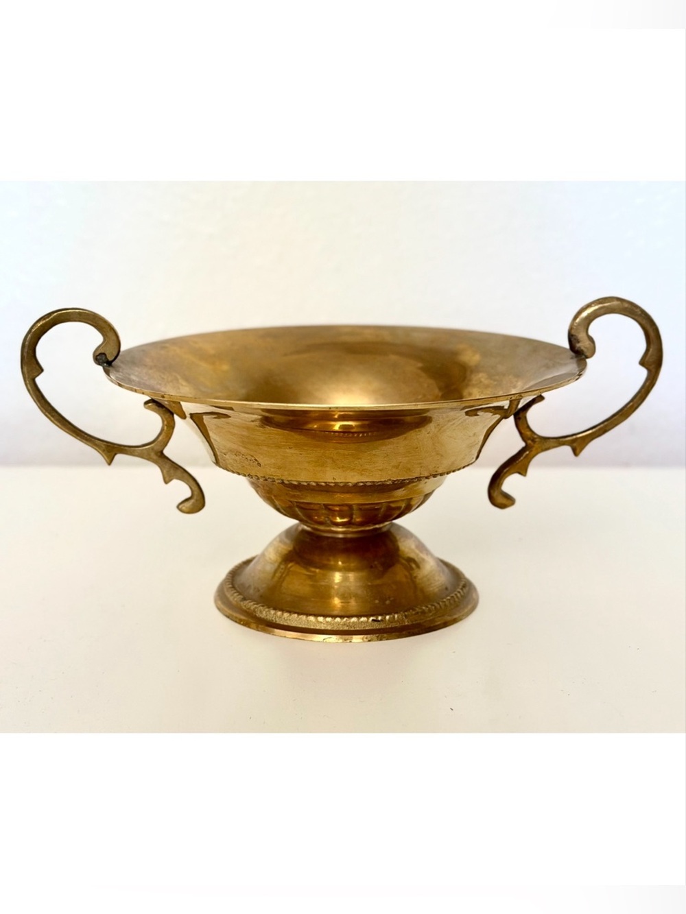 Vintage Brass Pedestal Compote Bowl Decorative Centerpiece Scroll Handles